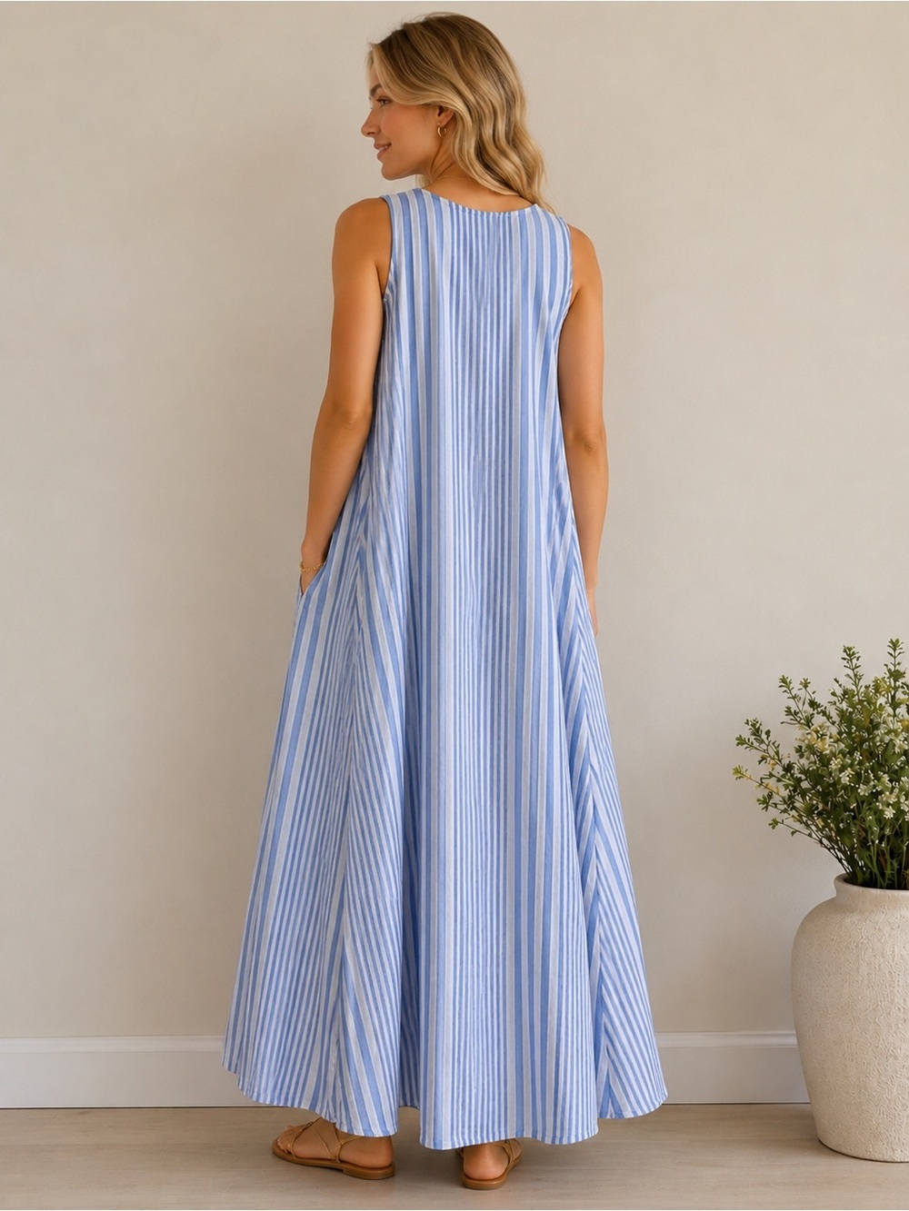 Sleeveless Light Blue & White Striped Maxi Dress - Picture 2 of 4